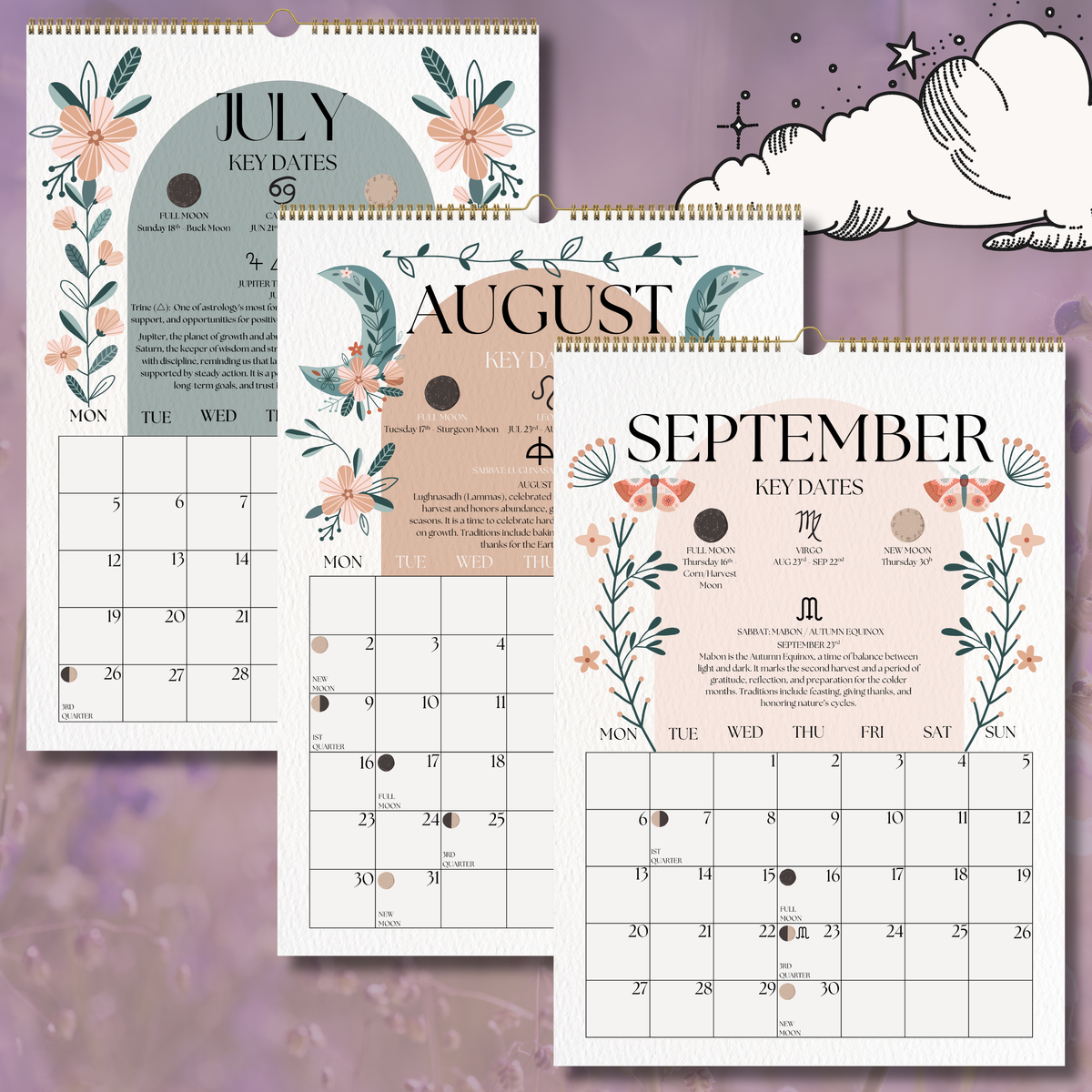 2027 Lunar Calendar, Mystical Moth Moon Phase Wall Calendar, A4 Witch Décor