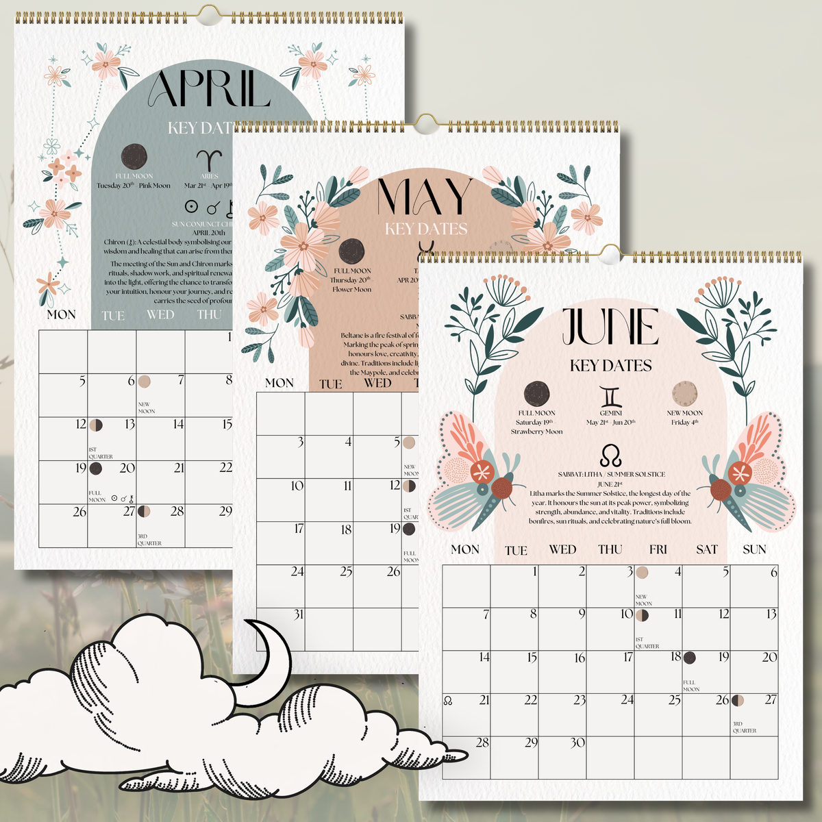 2027 Lunar Calendar, Mystical Moth Moon Phase Wall Calendar, A4 Witch Décor