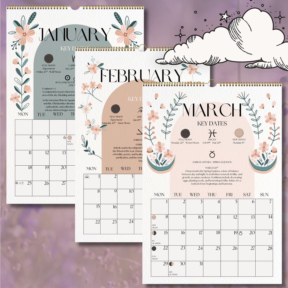 2027 Lunar Calendar, Mystical Moth Moon Phase Wall Calendar, A4 Witch Décor