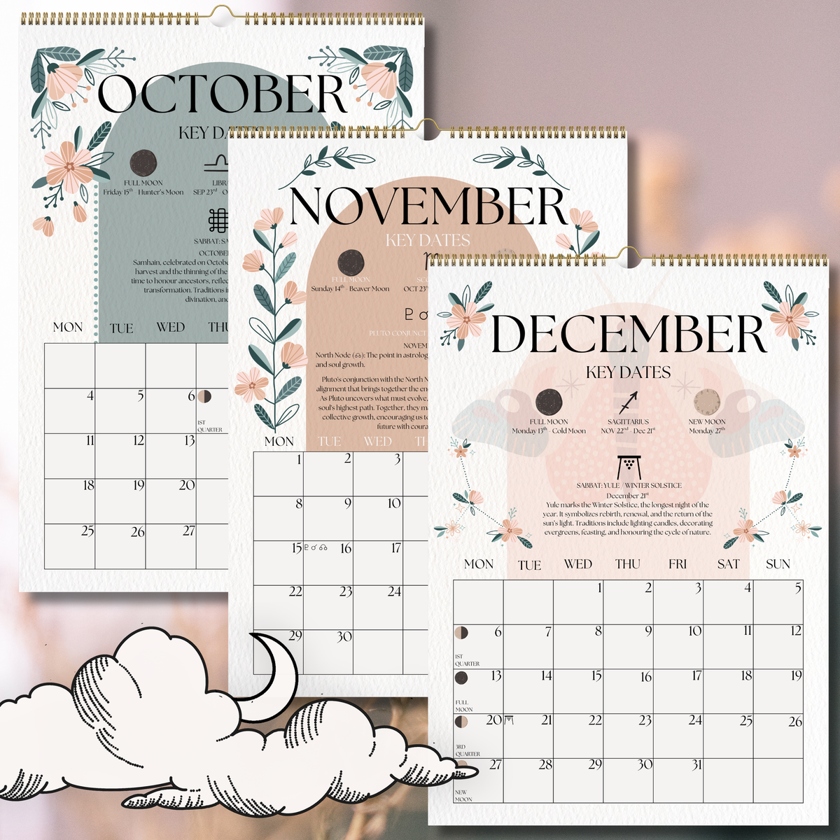 2027 Lunar Calendar, Mystical Moth Moon Phase Wall Calendar, A4 Witch Décor