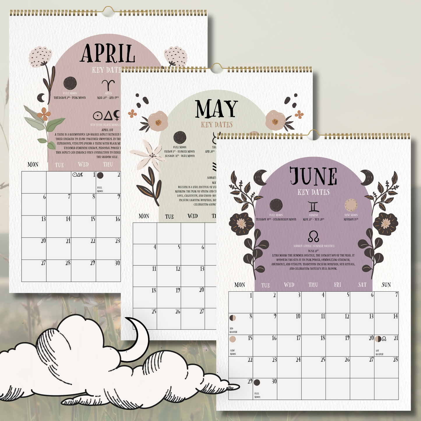 2026 Lunar Calendar | Luna Moth Witches Calendar 2026 - With Matching A4 Lunar Art Print