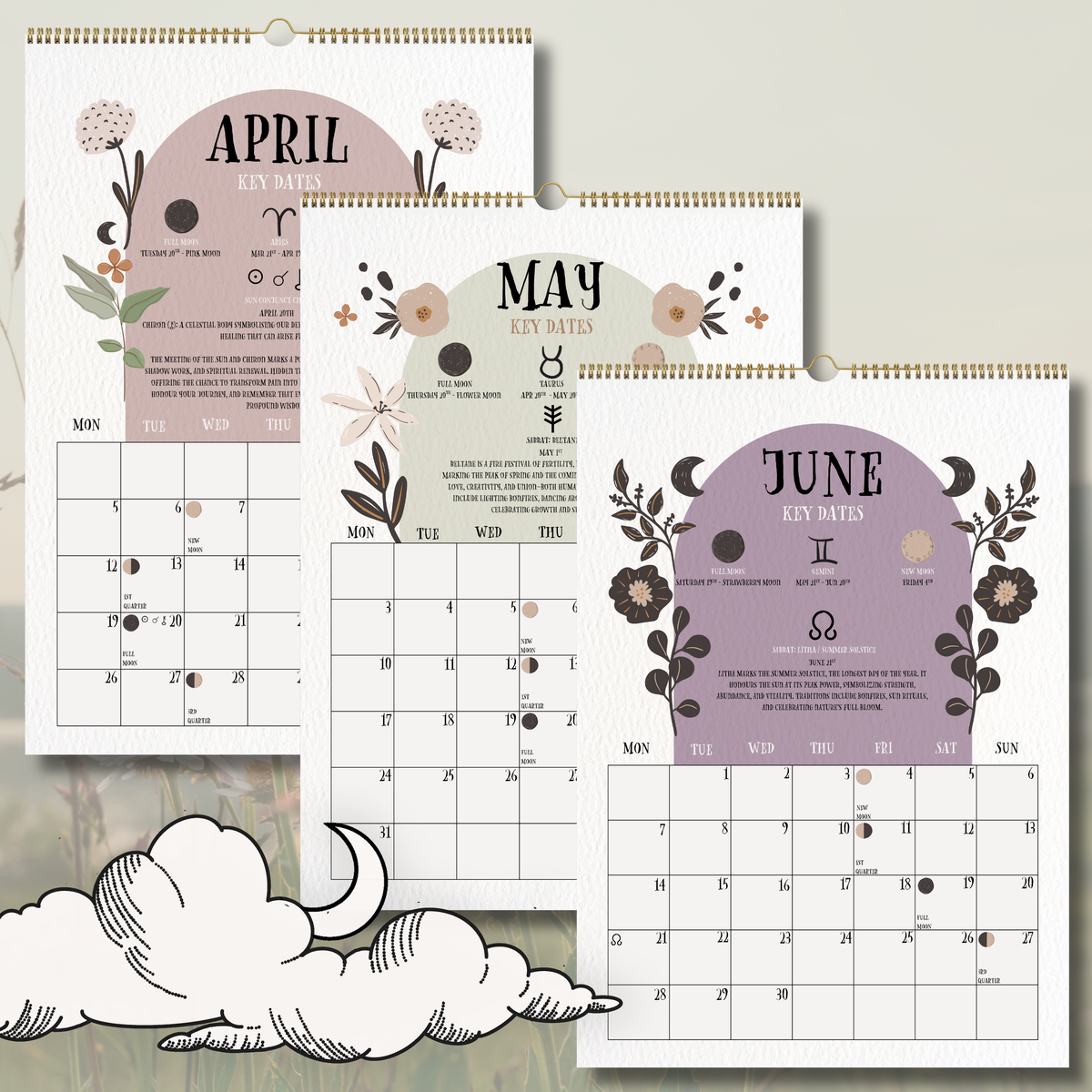 2027 Lunar Calendar, Luna Moth Moon Phase Wall Calendar, A4 Witch Calendar