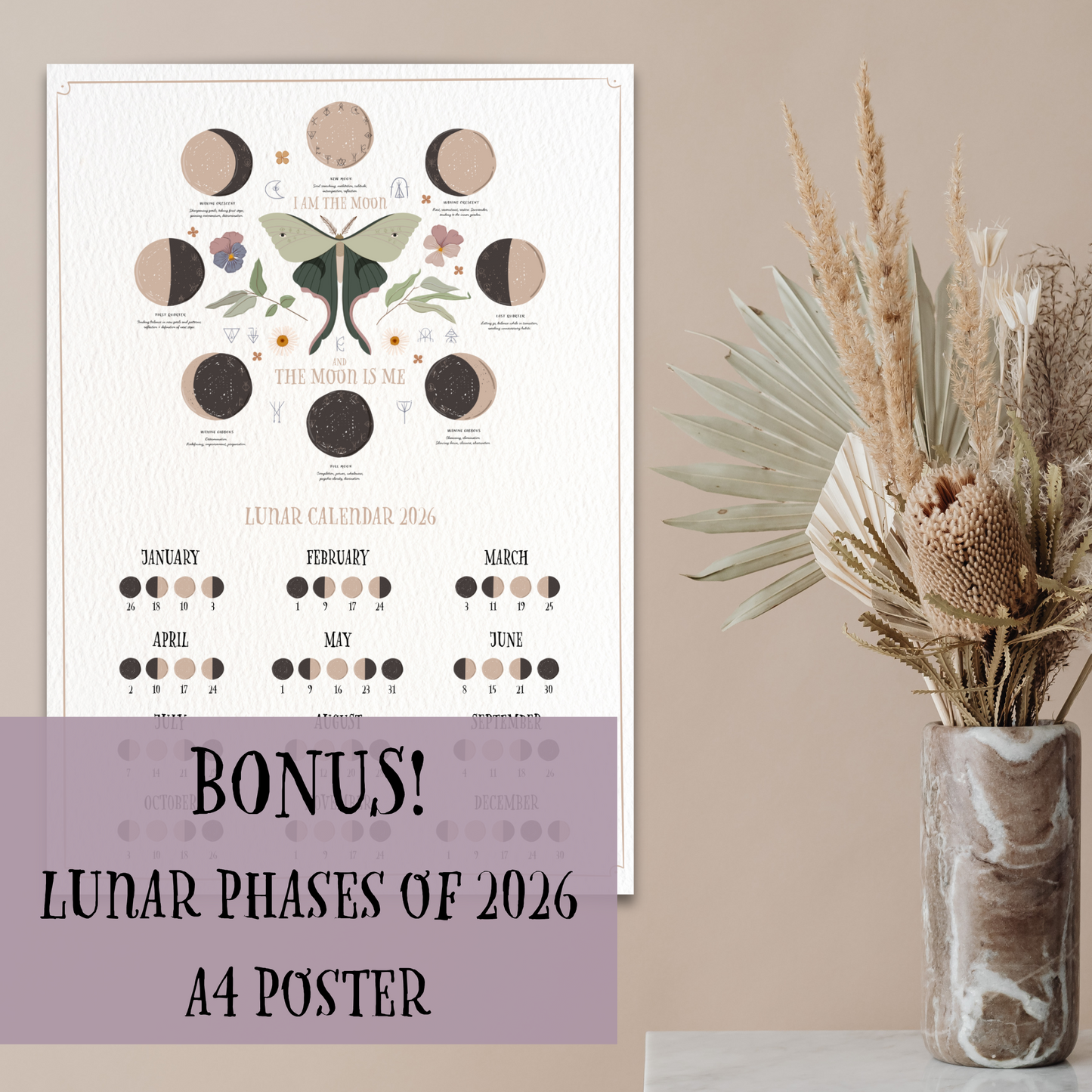 2026 Lunar Calendar | Luna Moth Witches Calendar 2026 - With Matching A4 Lunar Art Print
