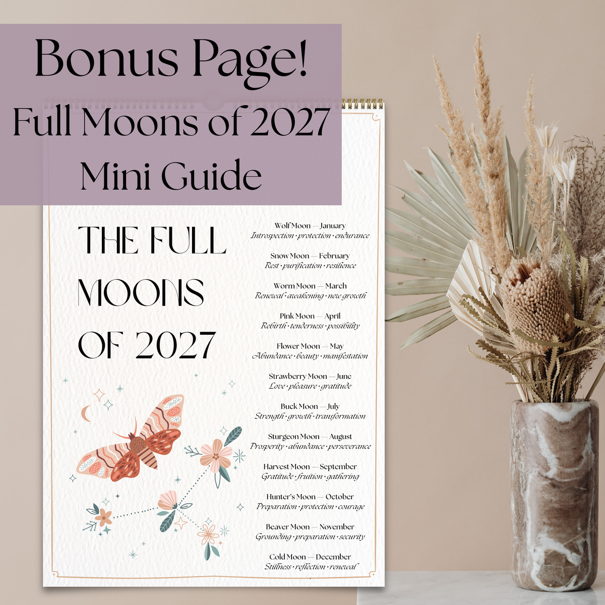 2027 Lunar Calendar, Mystical Moth Moon Phase Wall Calendar, A4 Witch Décor