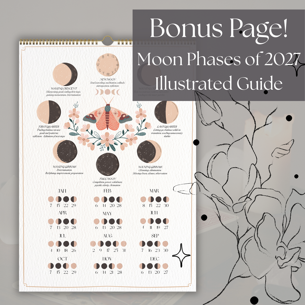 2027 Lunar Calendar, Mystical Moth Moon Phase Wall Calendar, A4 Witch Décor