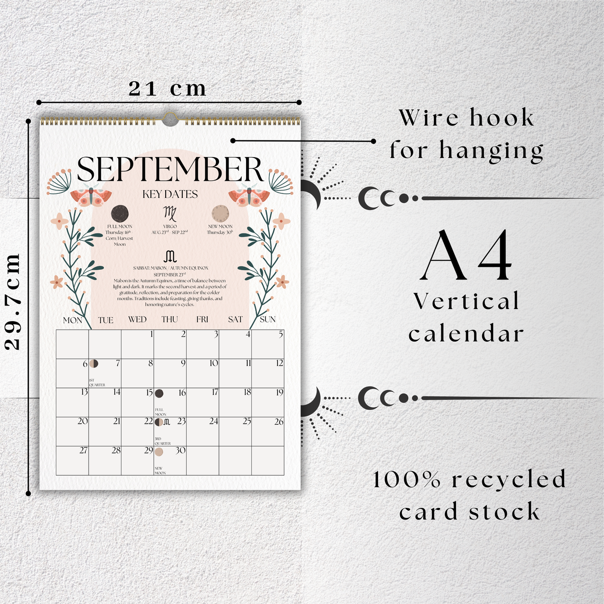 2027 Lunar Calendar, Mystical Moth Moon Phase Wall Calendar, A4 Witch Décor