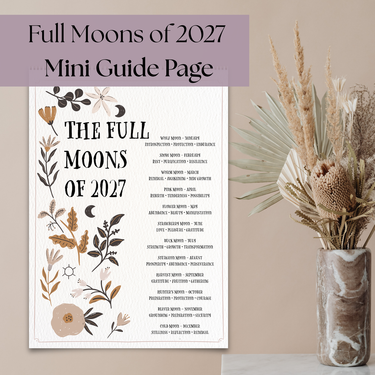 2027 Lunar Calendar, Luna Moth Moon Phase Wall Calendar, A4 Witch Calendar