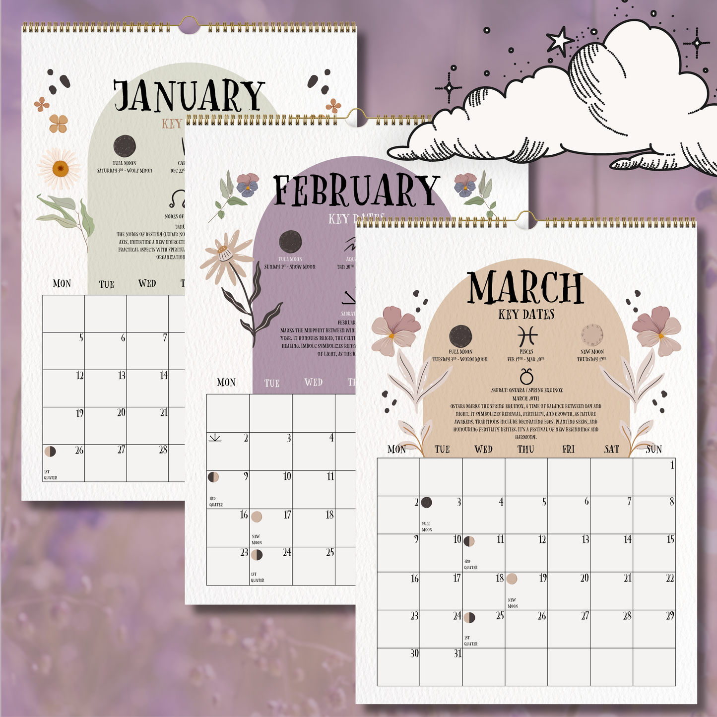 2026 Lunar Calendar | Luna Moth Witches Calendar 2026 - With Matching A4 Lunar Art Print