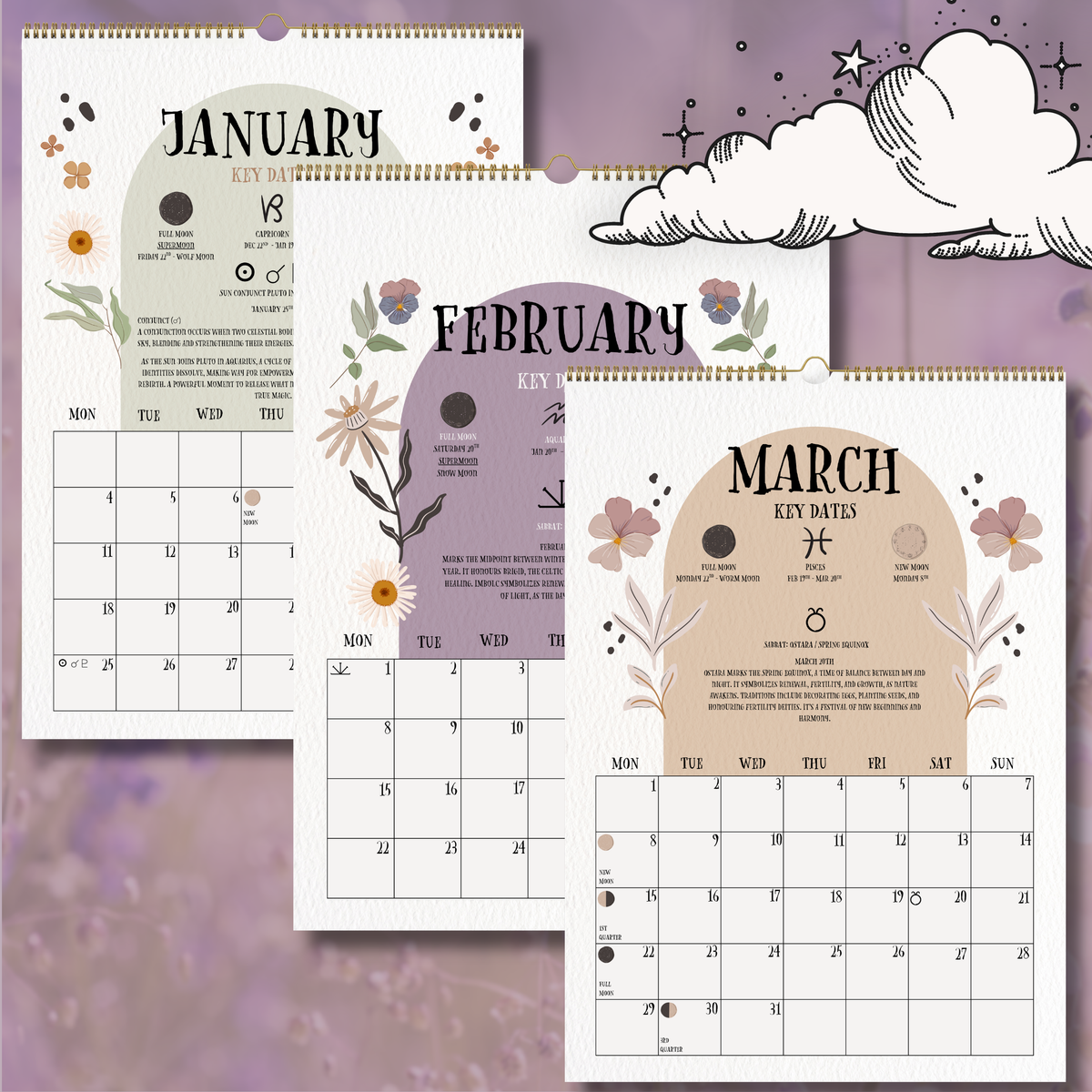 2027 Lunar Calendar, Luna Moth Moon Phase Wall Calendar, A4 Witch Calendar
