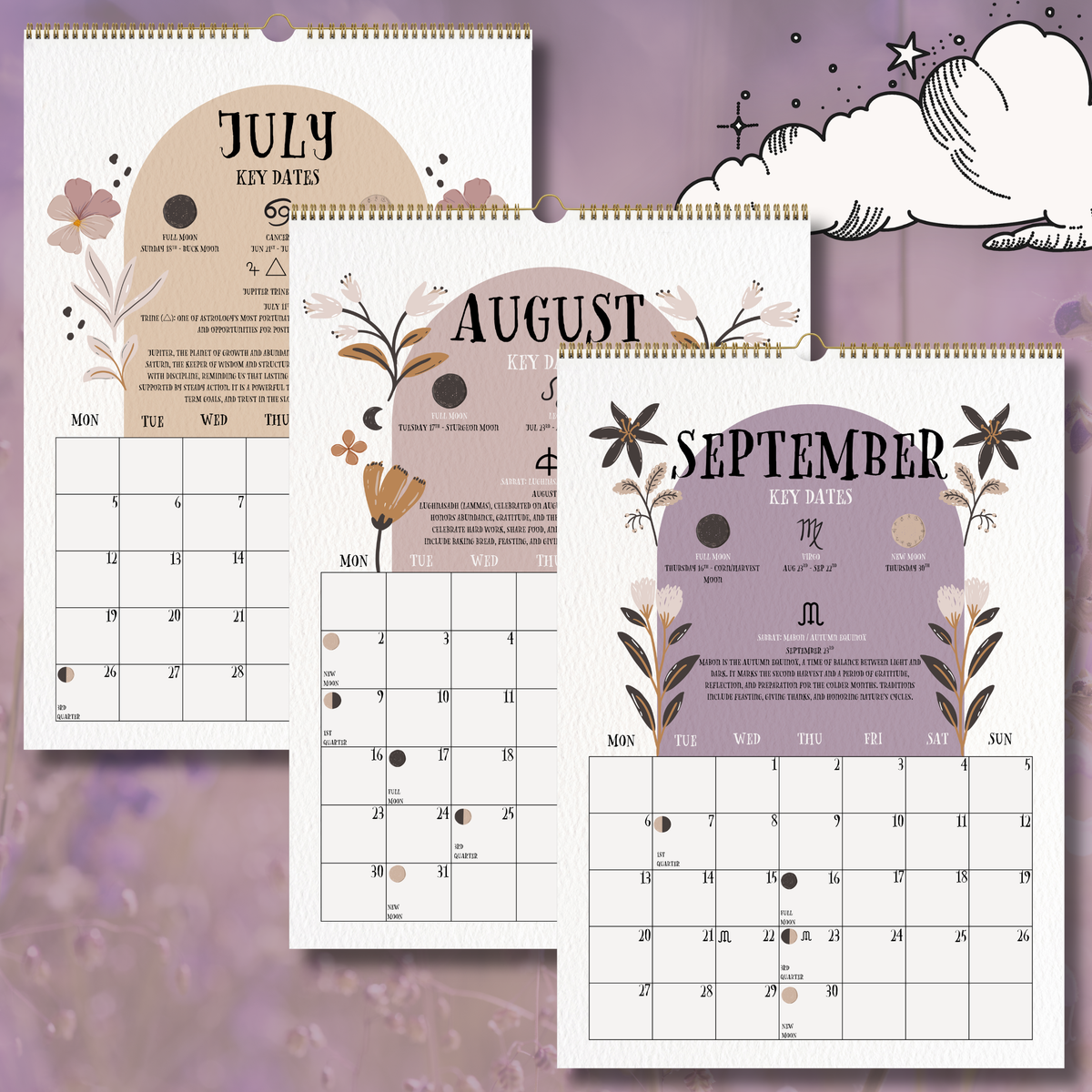 2027 Lunar Calendar, Luna Moth Moon Phase Wall Calendar, A4 Witch Calendar