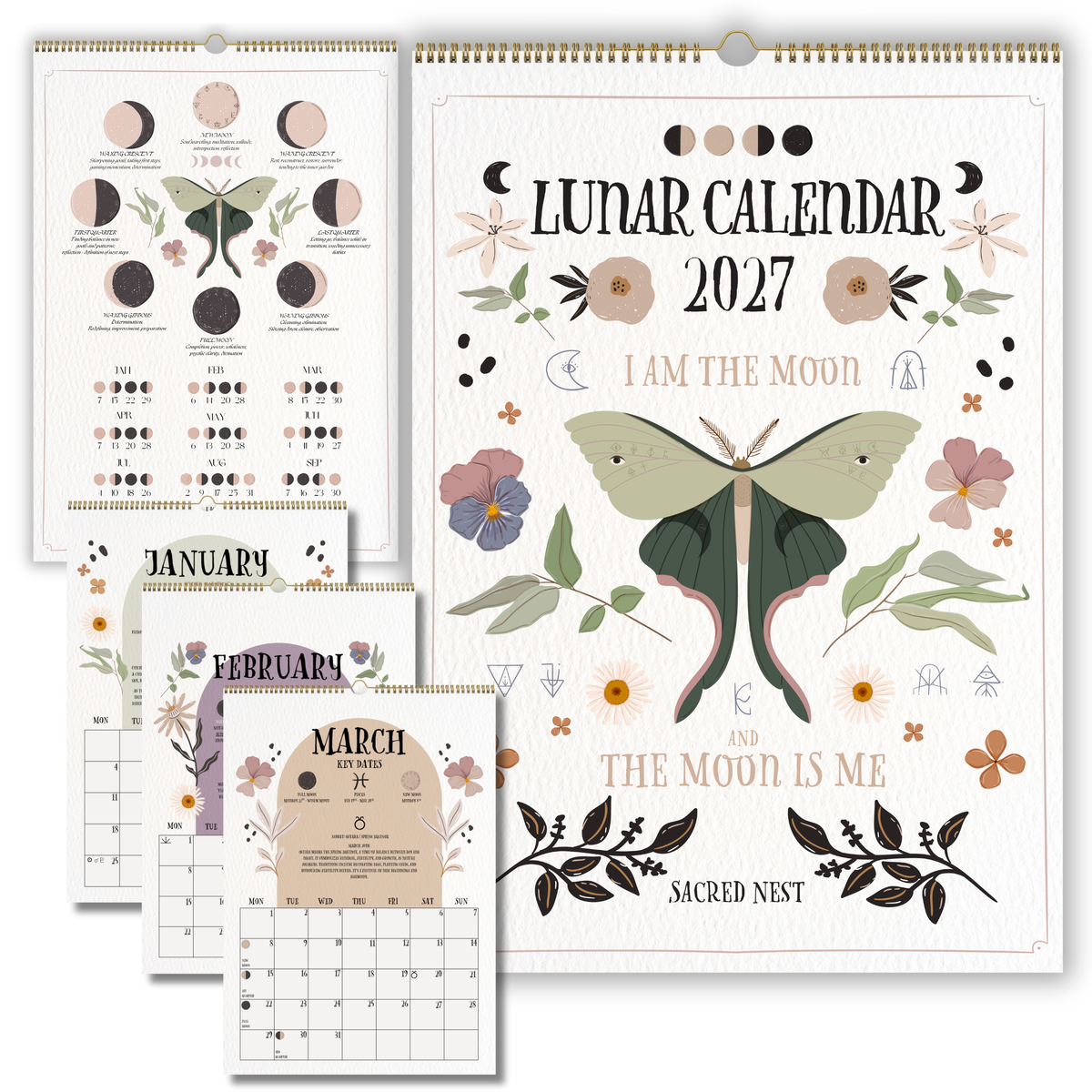 2027 Lunar Calendar, Luna Moth Moon Phase Wall Calendar, A4 Witch Calendar