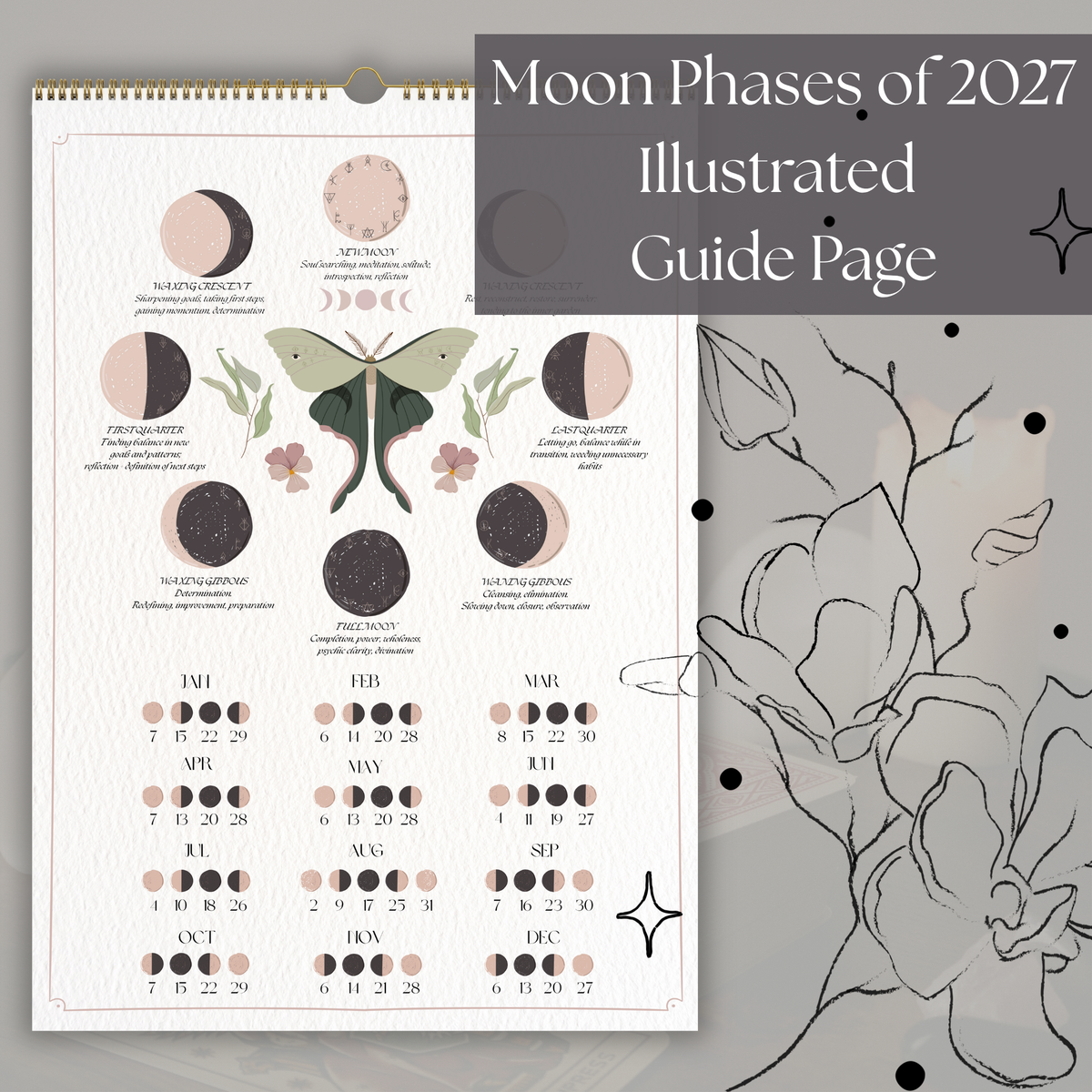 2027 Lunar Calendar, Luna Moth Moon Phase Wall Calendar, A4 Witch Calendar