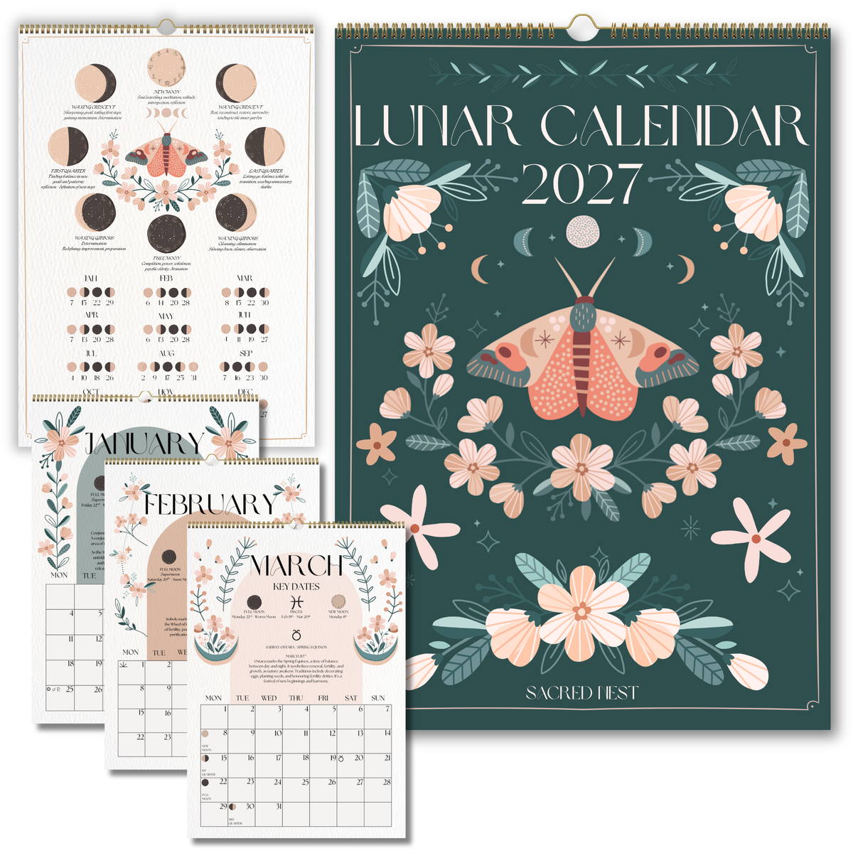 2027 Lunar Calendar, Mystical Moth Moon Phase Wall Calendar, A4 Witch Décor
