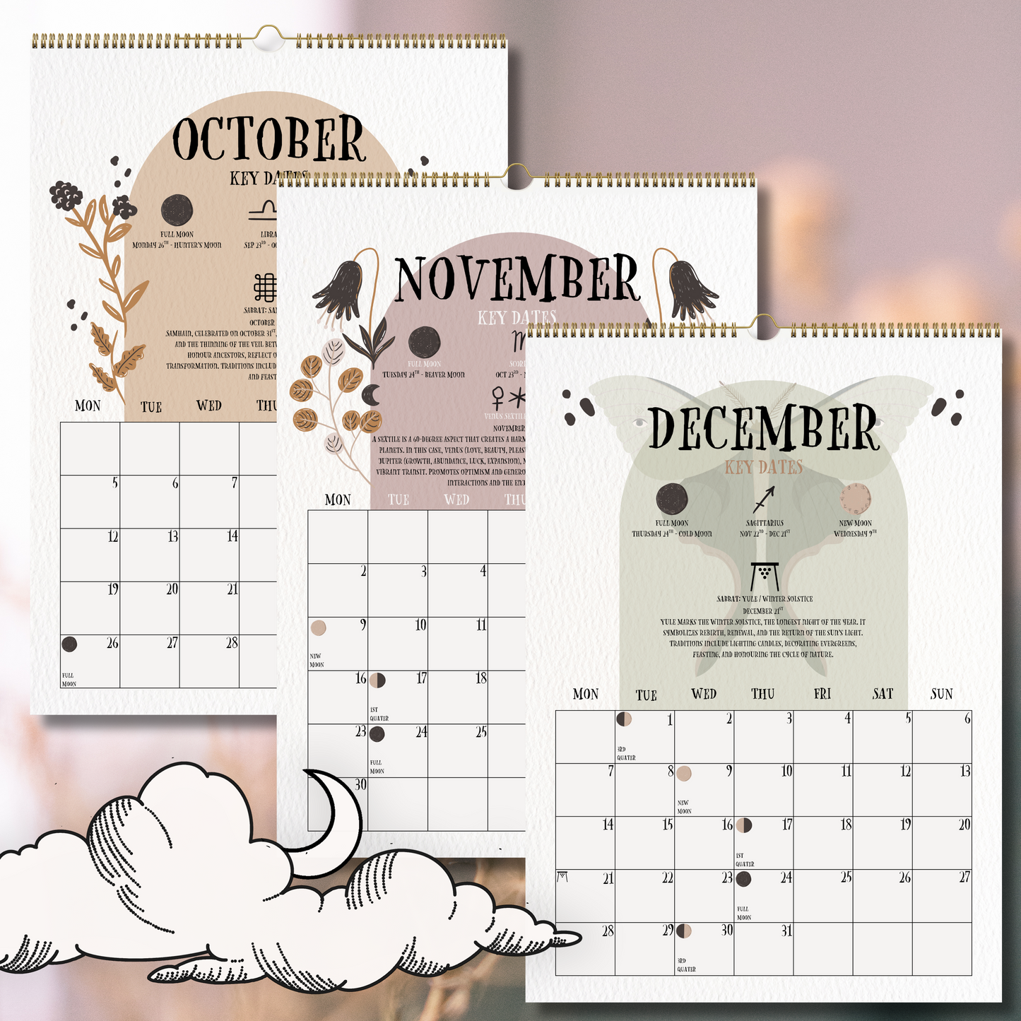 2026 Lunar Calendar | Luna Moth Witches Calendar 2026 - With Matching A4 Lunar Art Print