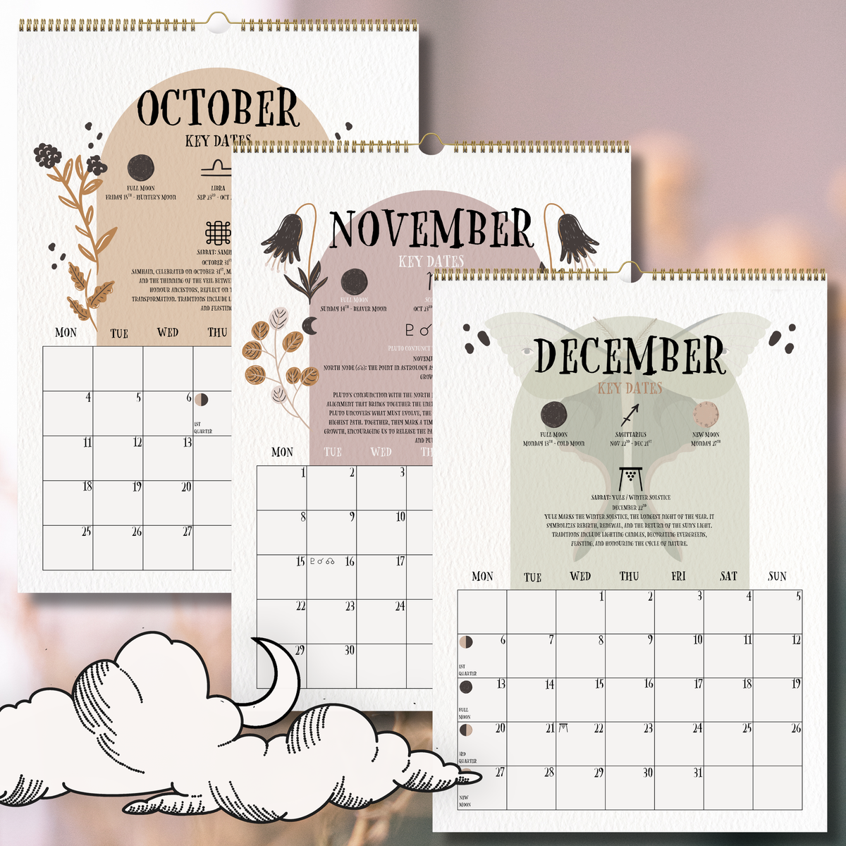 2027 Lunar Calendar, Luna Moth Moon Phase Wall Calendar, A4 Witch Calendar