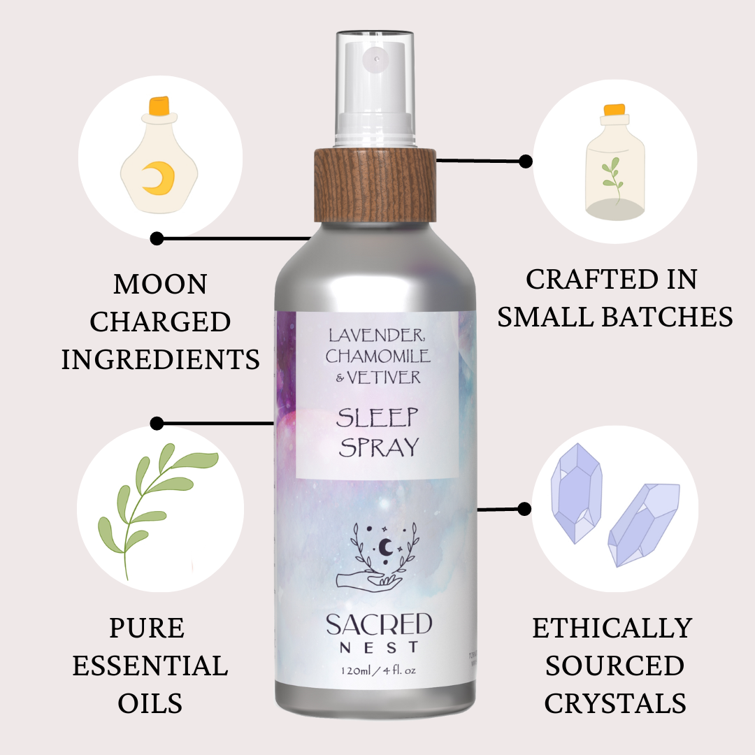 Lavender, Chamomile & Vetiver Deep Sleep Pillow Spray with Blue Lace Agate, Amethyst & Clear Quartz